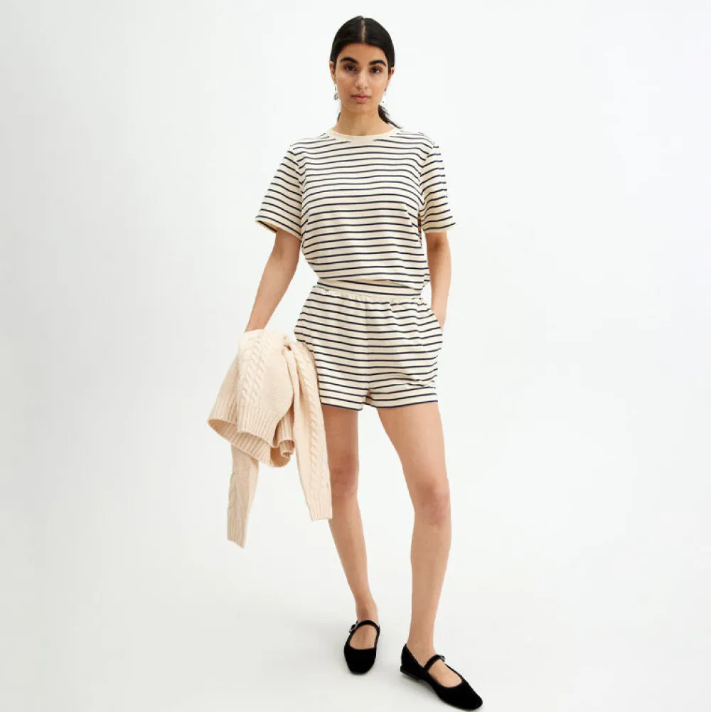 Pierre Robert Underdeler|Loungewear-Shorts Heavyweight Midnight Blue/Ecru sripe